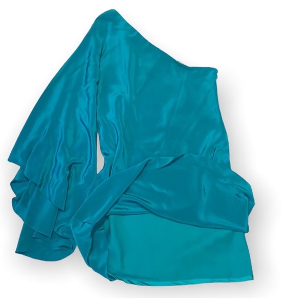 Nicole Miller green silk batwing one shoulder mini dress size 12 - Picture 11 of 13